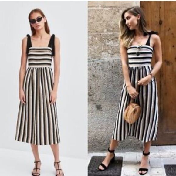 Zara Bow Straps Striped Midi Dress - Picture 1 of 5